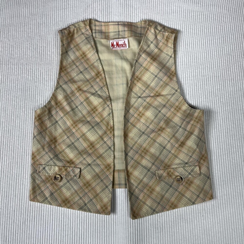 Vintage Mr. Mench Vest Mens M Beige Plaid Suit Waistcoat Spring Casual 70s 80s